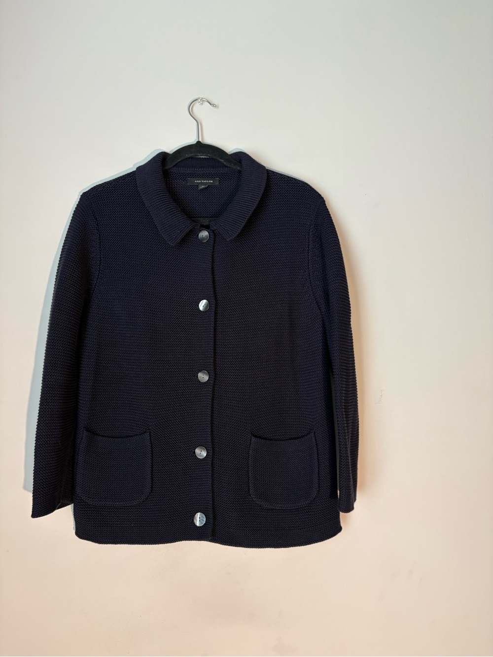 Ann Taylor Women's Navy Knit Button-Front Cardigan 100% cotton Fall Fashion, L